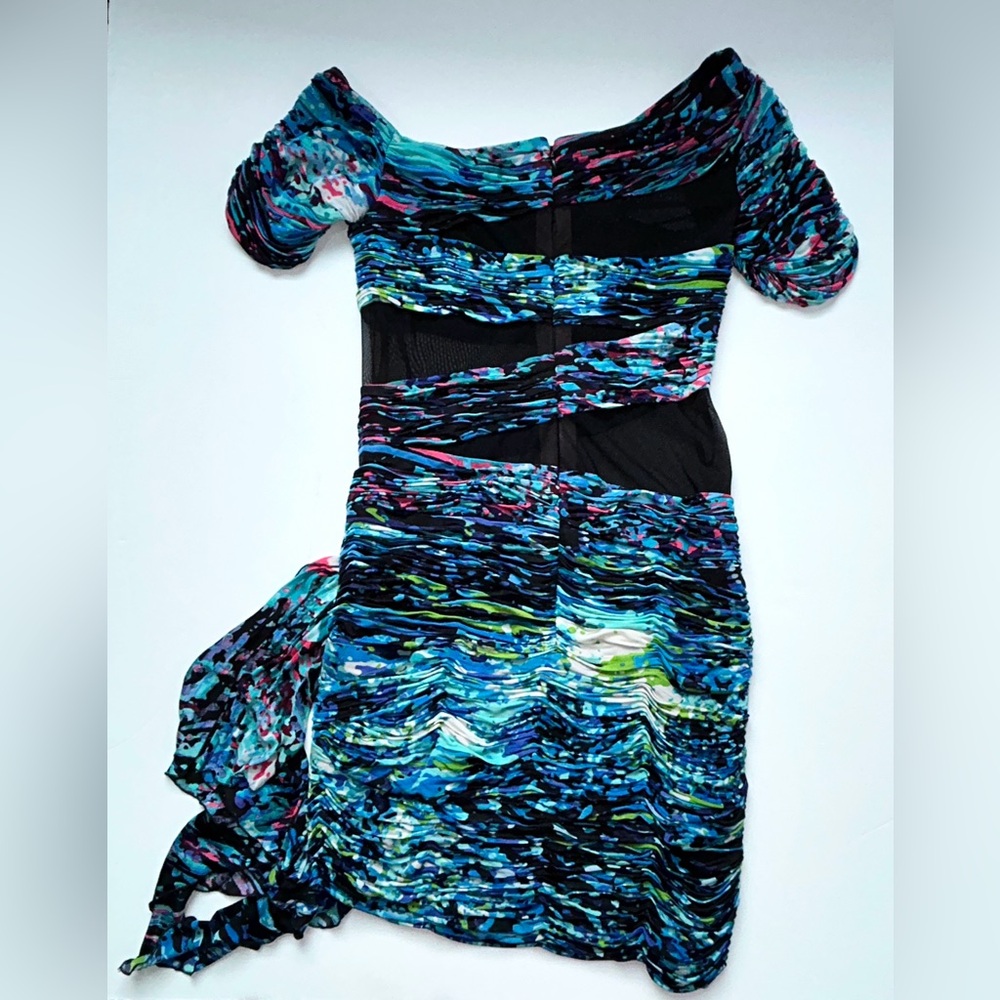 BCBG MaxAzria Runway Dutch Blue Print Jersey‎ Mesh Cap Sleeve Bodycon Dress M - Picture 8 of 16